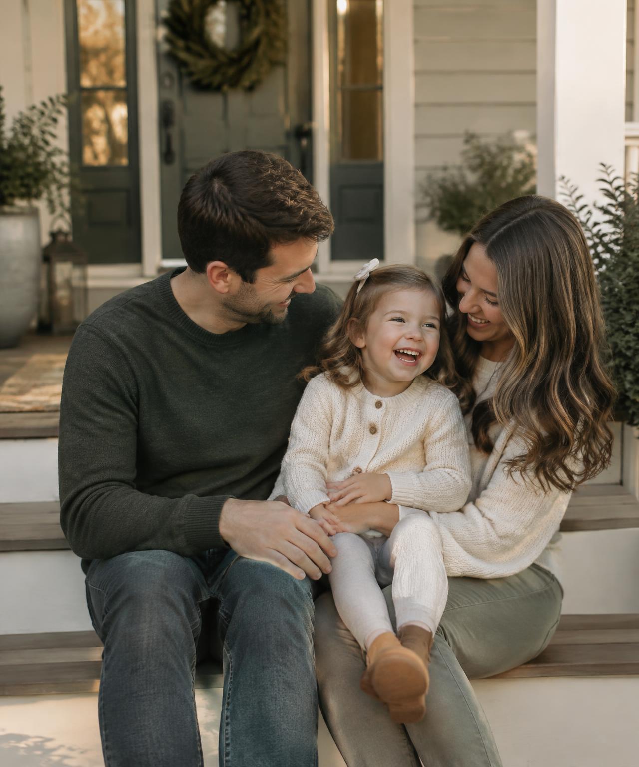 Young family smiling together on their front porch